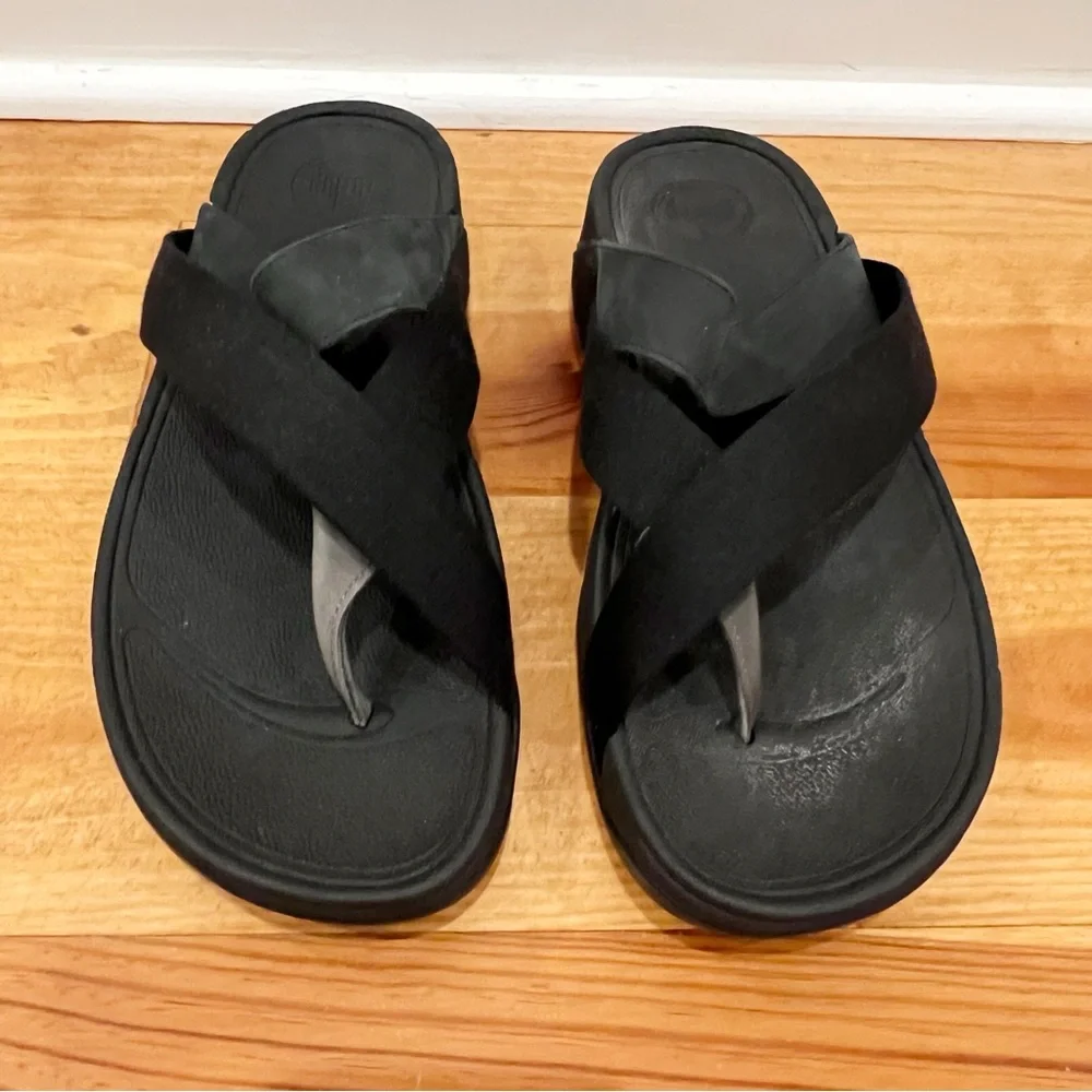 FitFlop Sandals Womens 9 Black Nylon Suede Sling Thong Toe Post Flip Flops - Picture 2 of 14